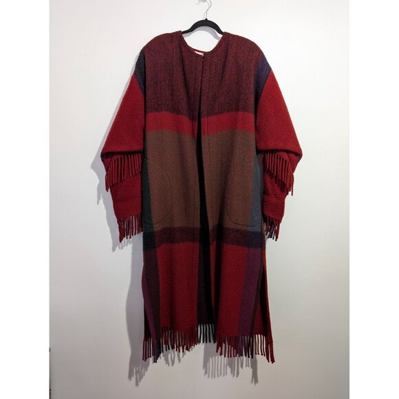VTG Robben Alexander NY Red Purple Black Wool Plaid Long Fringe Duster Coat Med - Picture 1 of 14